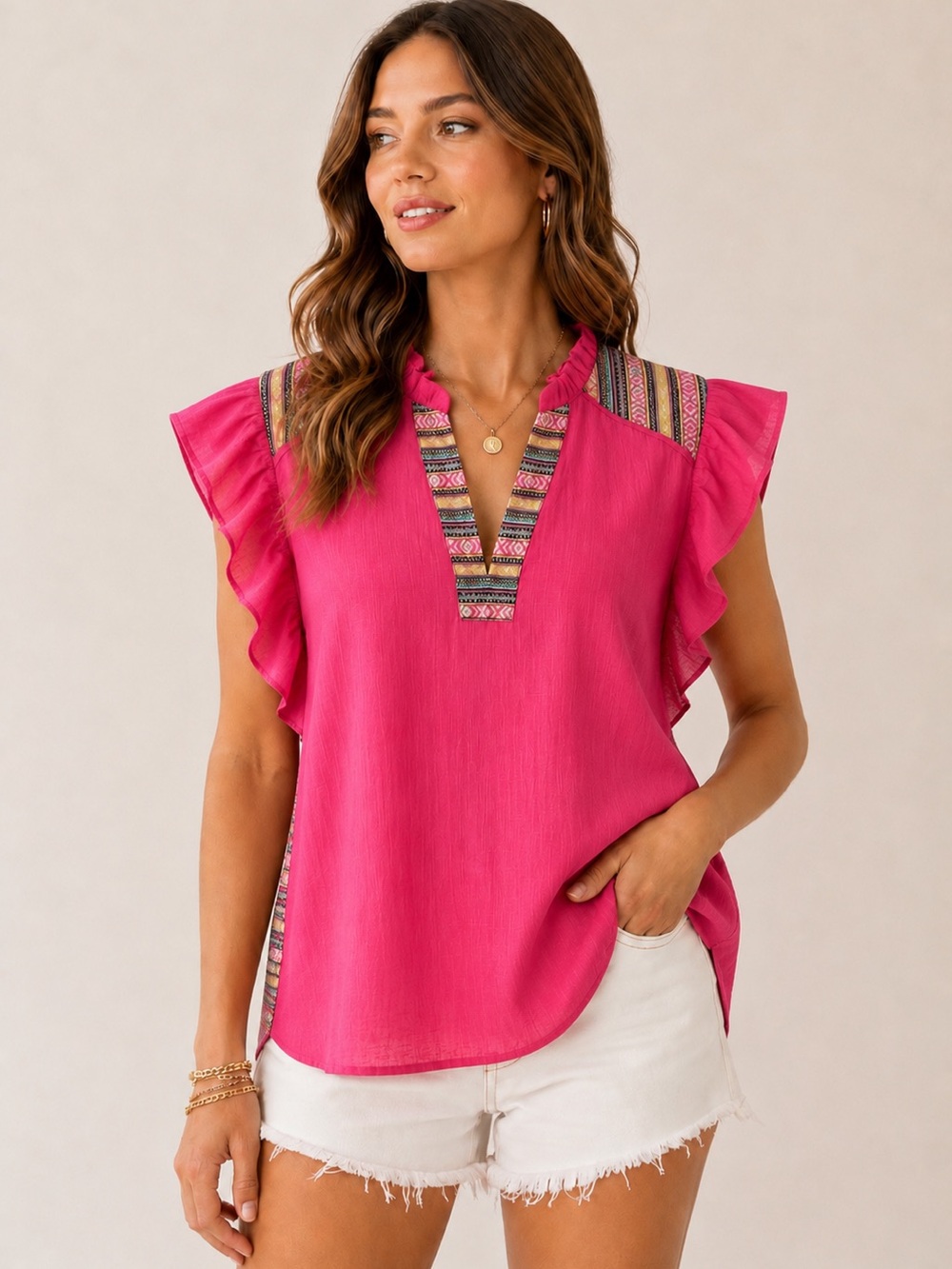 Umgee Hot Pink Linen Blend Ruffle Sleeve Boho Top Size Small NWT